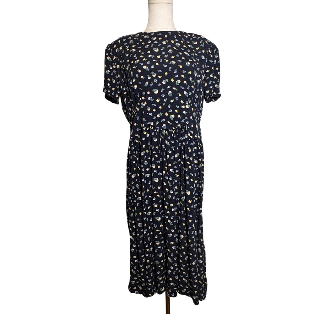 Worthington Vintage Floral Midi Dress Navy Blue Yellow Rayon 10P